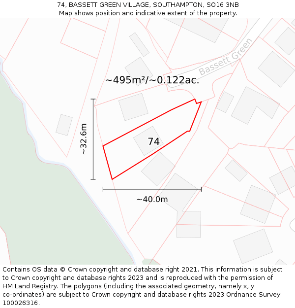 74, BASSETT GREEN VILLAGE, SOUTHAMPTON, SO16 3NB: Plot and title map