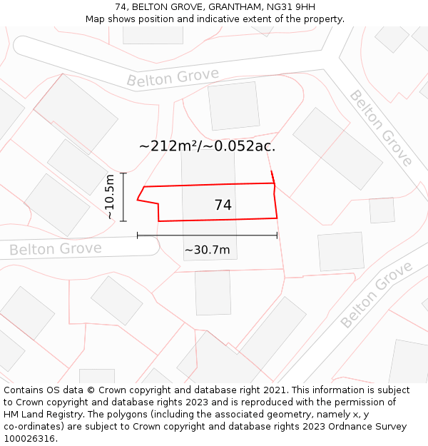 74, BELTON GROVE, GRANTHAM, NG31 9HH: Plot and title map