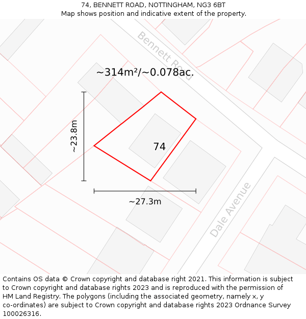 74, BENNETT ROAD, NOTTINGHAM, NG3 6BT: Plot and title map