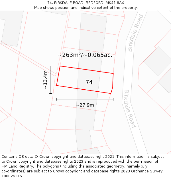 74, BIRKDALE ROAD, BEDFORD, MK41 8AX: Plot and title map