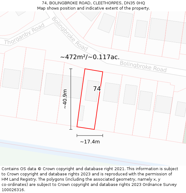 74, BOLINGBROKE ROAD, CLEETHORPES, DN35 0HQ: Plot and title map