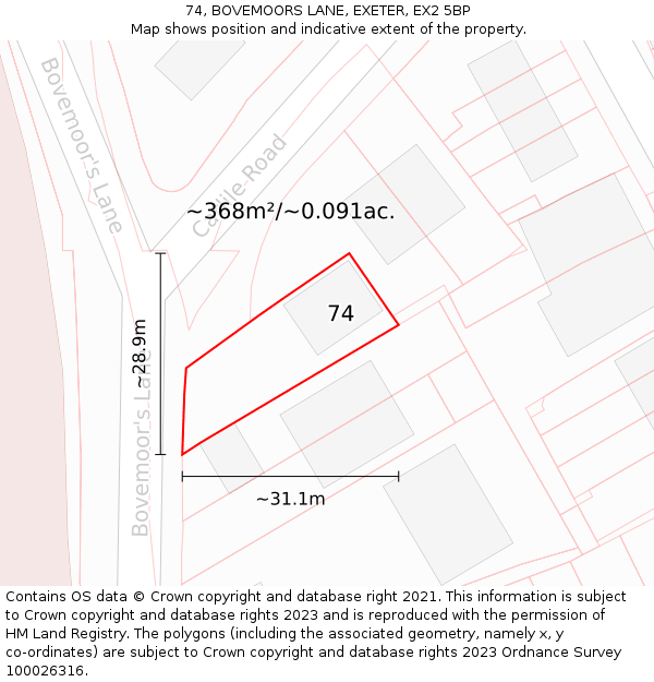 74, BOVEMOORS LANE, EXETER, EX2 5BP: Plot and title map