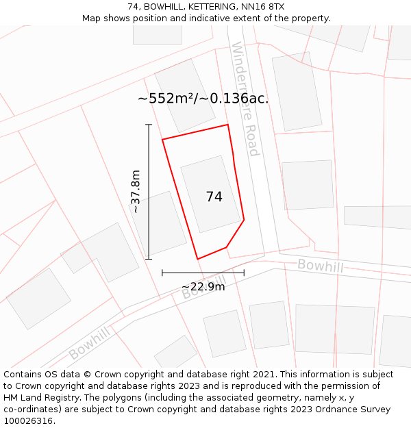 74, BOWHILL, KETTERING, NN16 8TX: Plot and title map