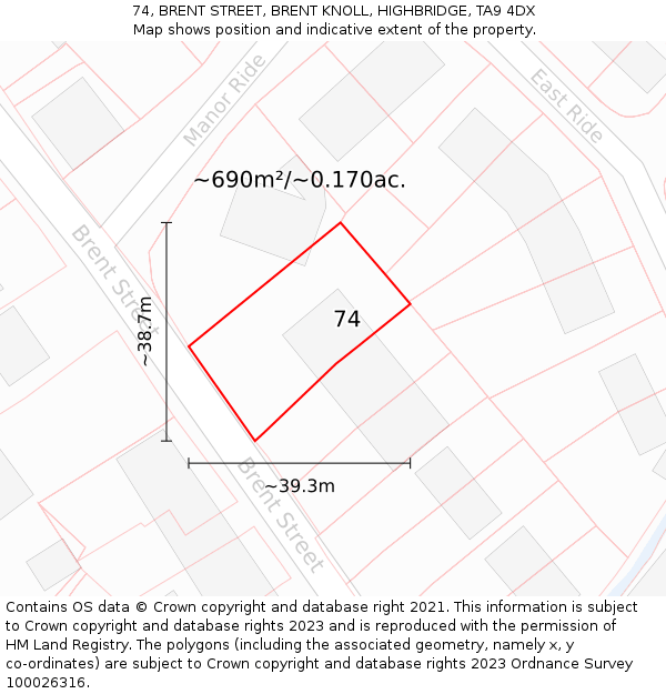 74, BRENT STREET, BRENT KNOLL, HIGHBRIDGE, TA9 4DX: Plot and title map
