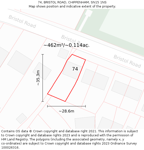 74, BRISTOL ROAD, CHIPPENHAM, SN15 1NS: Plot and title map