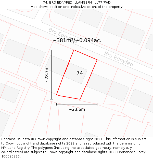 74, BRO EDNYFED, LLANGEFNI, LL77 7WD: Plot and title map