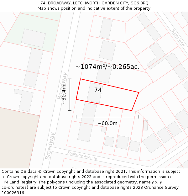 74, BROADWAY, LETCHWORTH GARDEN CITY, SG6 3PQ: Plot and title map