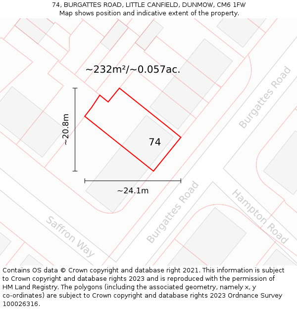 74, BURGATTES ROAD, LITTLE CANFIELD, DUNMOW, CM6 1FW: Plot and title map