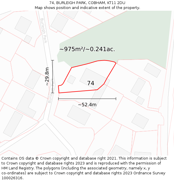 74, BURLEIGH PARK, COBHAM, KT11 2DU: Plot and title map