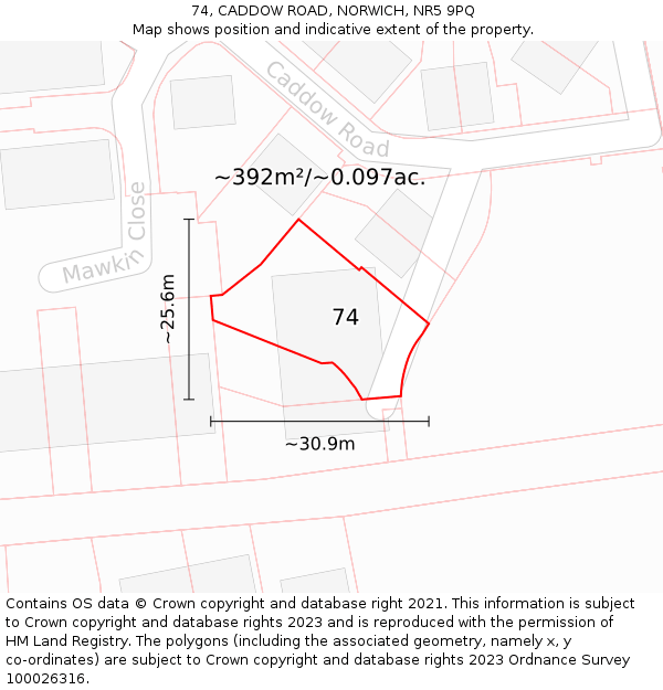 74, CADDOW ROAD, NORWICH, NR5 9PQ: Plot and title map