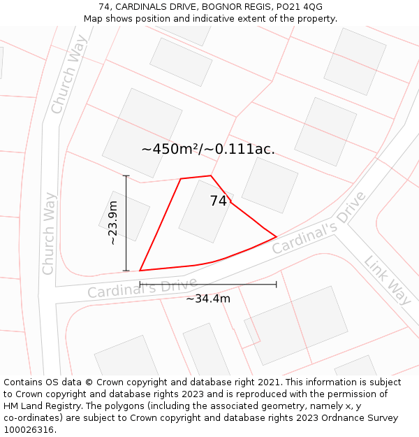 74, CARDINALS DRIVE, BOGNOR REGIS, PO21 4QG: Plot and title map