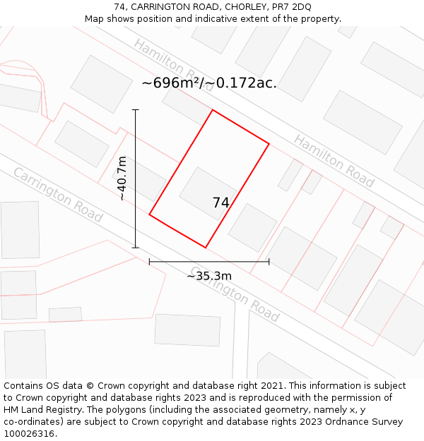 74, CARRINGTON ROAD, CHORLEY, PR7 2DQ: Plot and title map