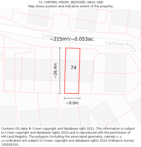 74, CARTMEL PRIORY, BEDFORD, MK41 0WD: Plot and title map