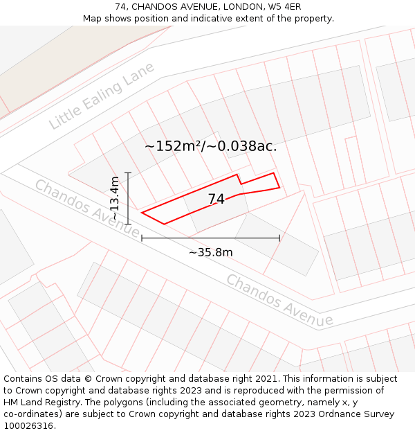 74, CHANDOS AVENUE, LONDON, W5 4ER: Plot and title map