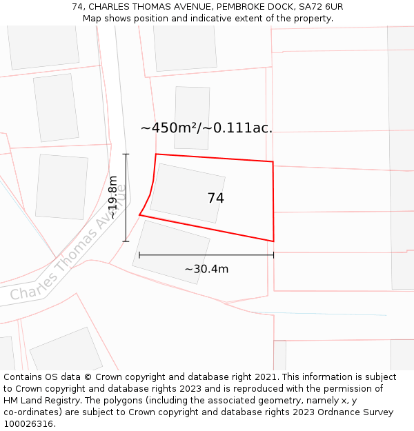 74, CHARLES THOMAS AVENUE, PEMBROKE DOCK, SA72 6UR: Plot and title map