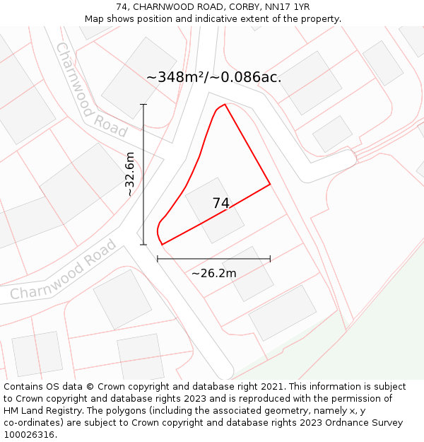 74, CHARNWOOD ROAD, CORBY, NN17 1YR: Plot and title map