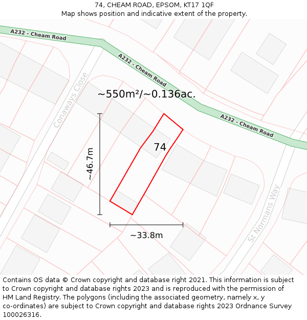 74, CHEAM ROAD, EPSOM, KT17 1QF: Plot and title map