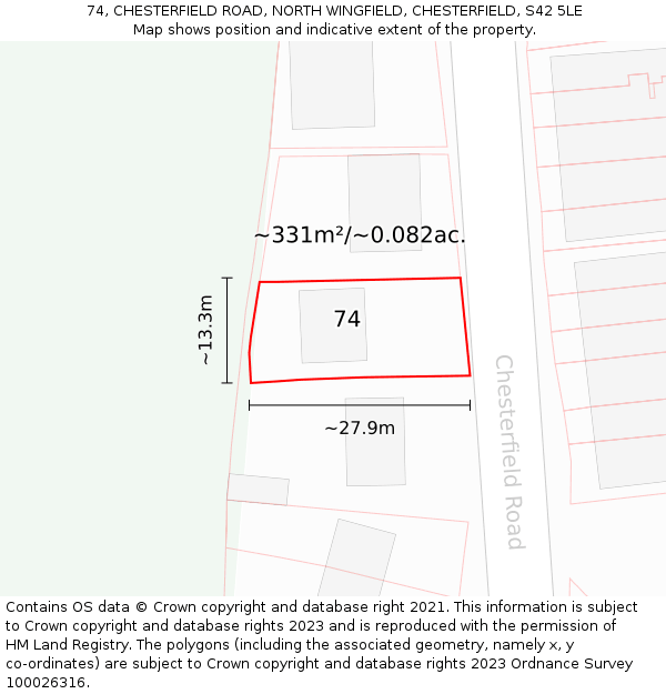 74, CHESTERFIELD ROAD, NORTH WINGFIELD, CHESTERFIELD, S42 5LE: Plot and title map