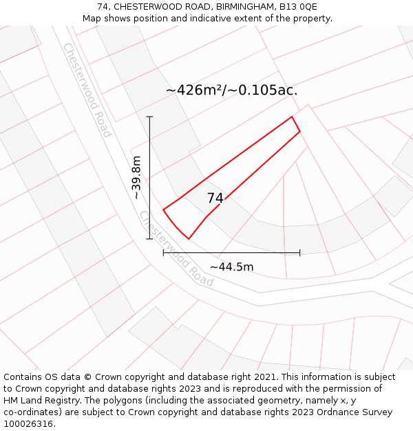 74, CHESTERWOOD ROAD, BIRMINGHAM, B13 0QE: Plot and title map