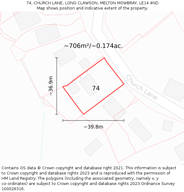 74, CHURCH LANE, LONG CLAWSON, MELTON MOWBRAY, LE14 4ND: Plot and title map