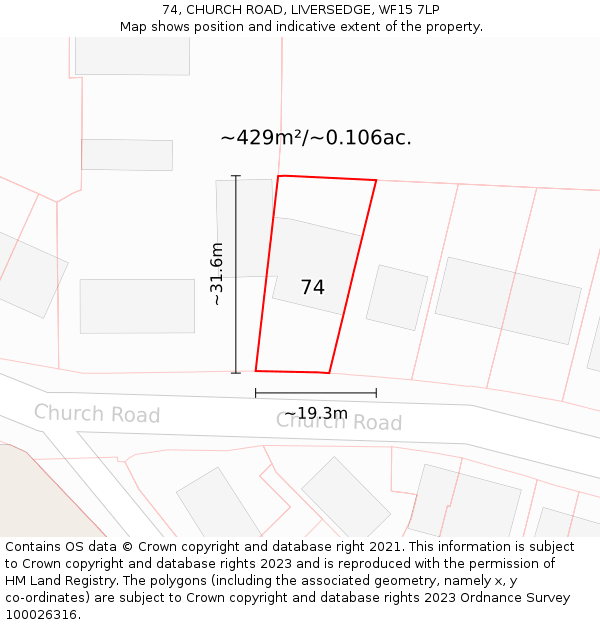 74, CHURCH ROAD, LIVERSEDGE, WF15 7LP: Plot and title map