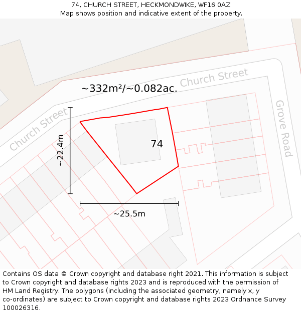 74, CHURCH STREET, HECKMONDWIKE, WF16 0AZ: Plot and title map