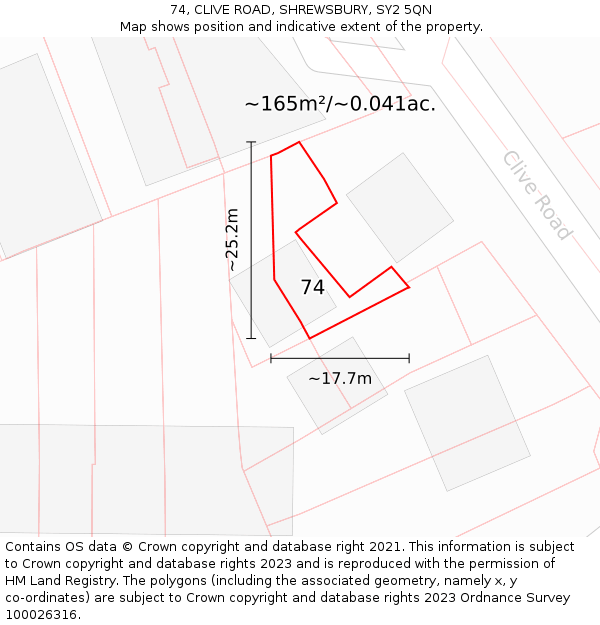74, CLIVE ROAD, SHREWSBURY, SY2 5QN: Plot and title map