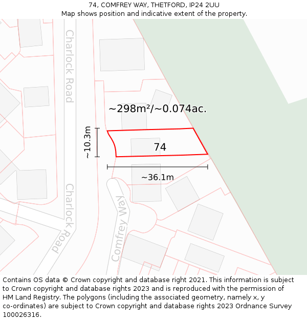 74, COMFREY WAY, THETFORD, IP24 2UU: Plot and title map