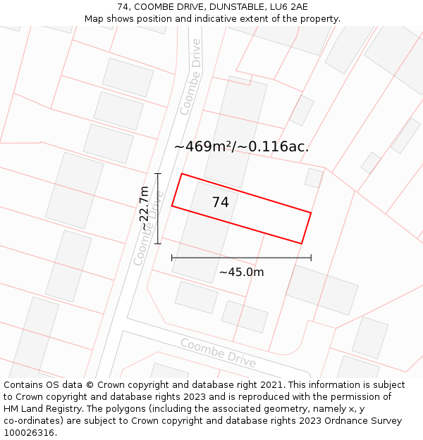 74, COOMBE DRIVE, DUNSTABLE, LU6 2AE: Plot and title map