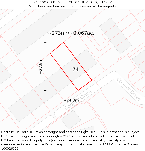 74, COOPER DRIVE, LEIGHTON BUZZARD, LU7 4RZ: Plot and title map