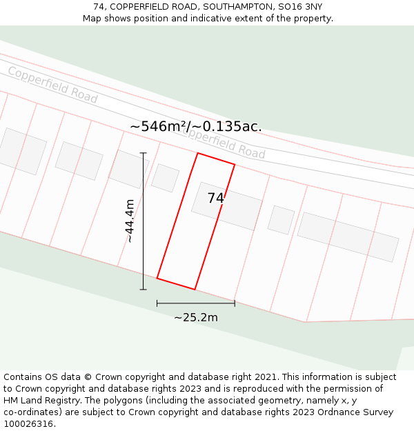 74, COPPERFIELD ROAD, SOUTHAMPTON, SO16 3NY: Plot and title map