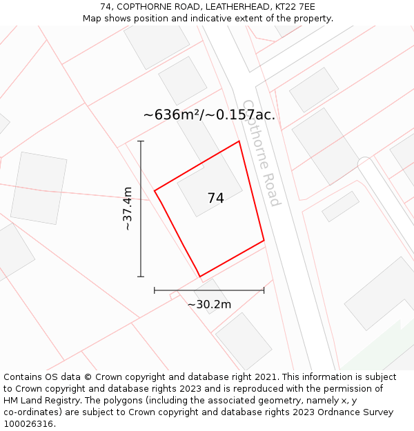 74, COPTHORNE ROAD, LEATHERHEAD, KT22 7EE: Plot and title map