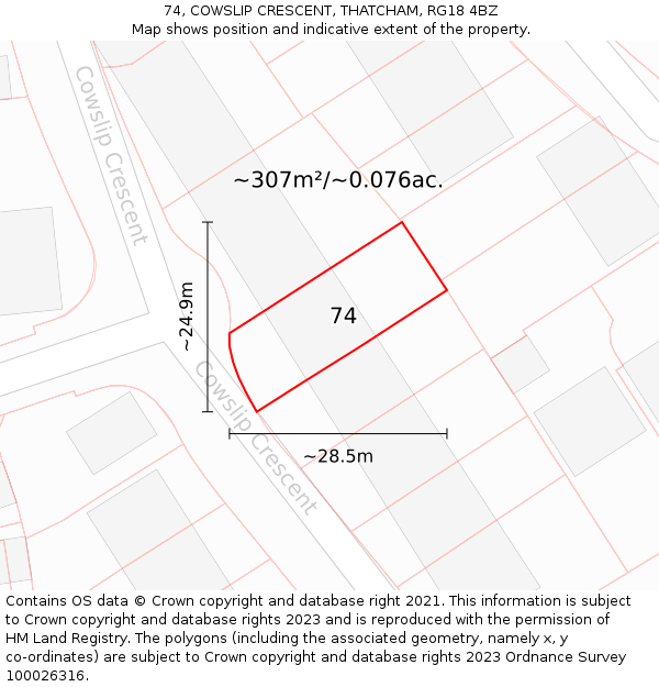 74, COWSLIP CRESCENT, THATCHAM, RG18 4BZ: Plot and title map