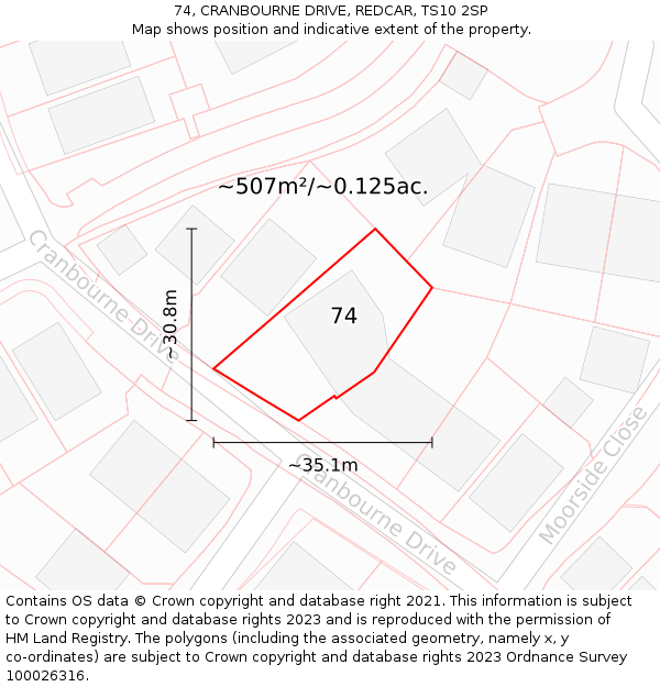 74, CRANBOURNE DRIVE, REDCAR, TS10 2SP: Plot and title map