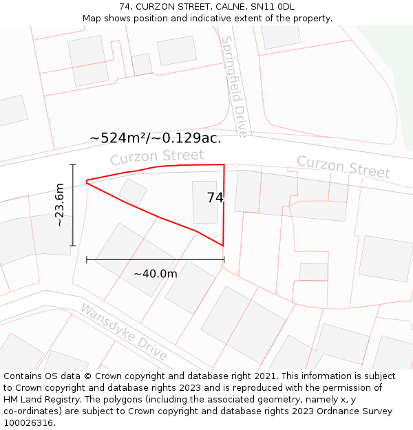 74, CURZON STREET, CALNE, SN11 0DL: Plot and title map