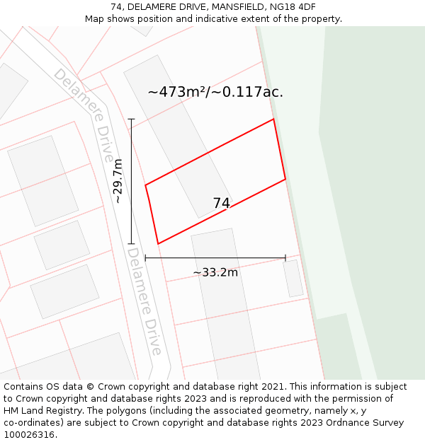 74, DELAMERE DRIVE, MANSFIELD, NG18 4DF: Plot and title map