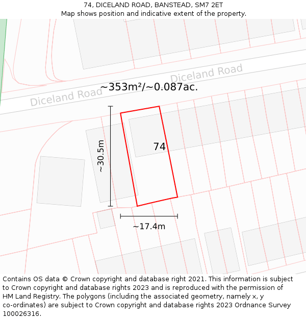 74, DICELAND ROAD, BANSTEAD, SM7 2ET: Plot and title map