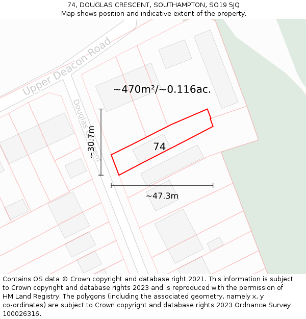 74, DOUGLAS CRESCENT, SOUTHAMPTON, SO19 5JQ: Plot and title map