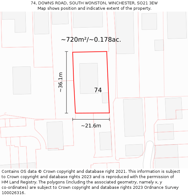 74, DOWNS ROAD, SOUTH WONSTON, WINCHESTER, SO21 3EW: Plot and title map