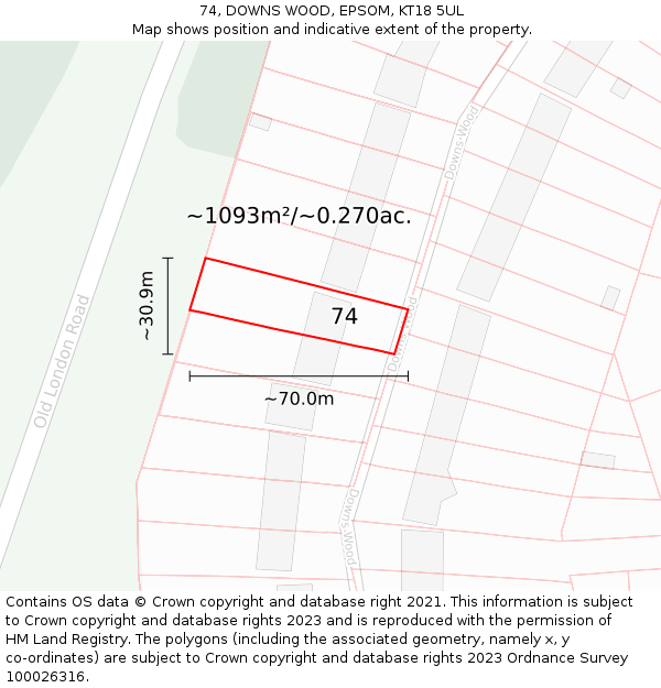 74, DOWNS WOOD, EPSOM, KT18 5UL: Plot and title map