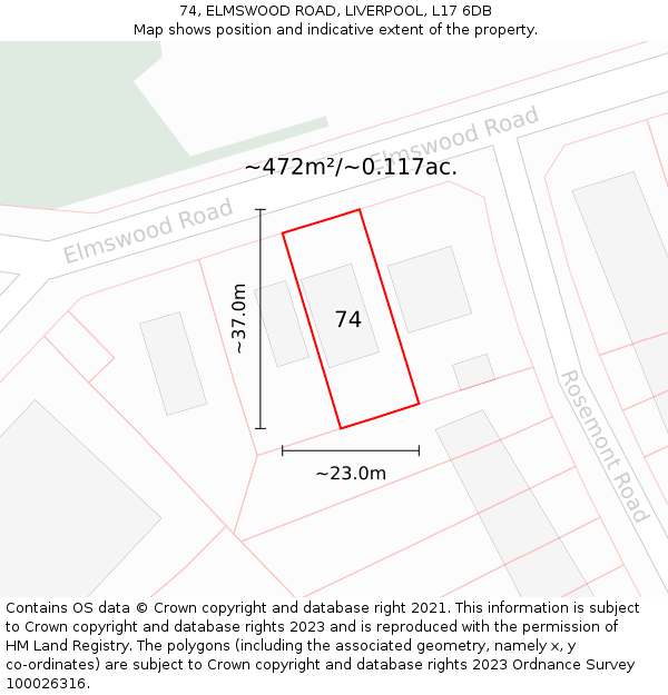 74, ELMSWOOD ROAD, LIVERPOOL, L17 6DB: Plot and title map