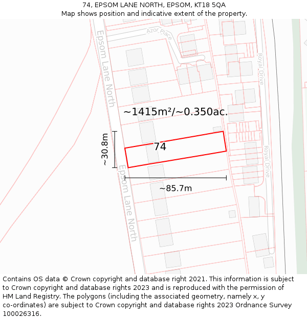 74, EPSOM LANE NORTH, EPSOM, KT18 5QA: Plot and title map