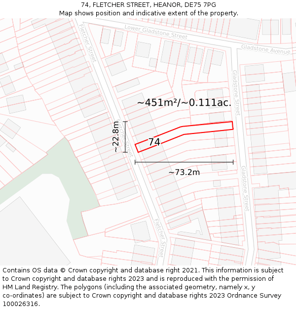 74, FLETCHER STREET, HEANOR, DE75 7PG: Plot and title map