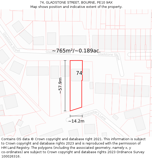74, GLADSTONE STREET, BOURNE, PE10 9AX: Plot and title map