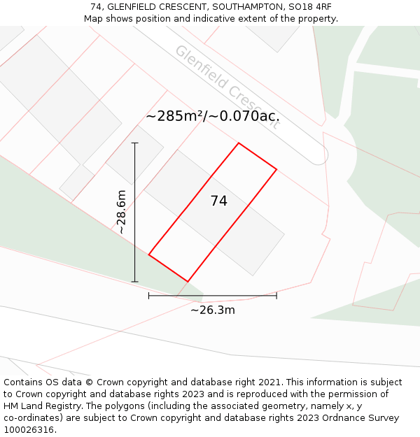 74, GLENFIELD CRESCENT, SOUTHAMPTON, SO18 4RF: Plot and title map