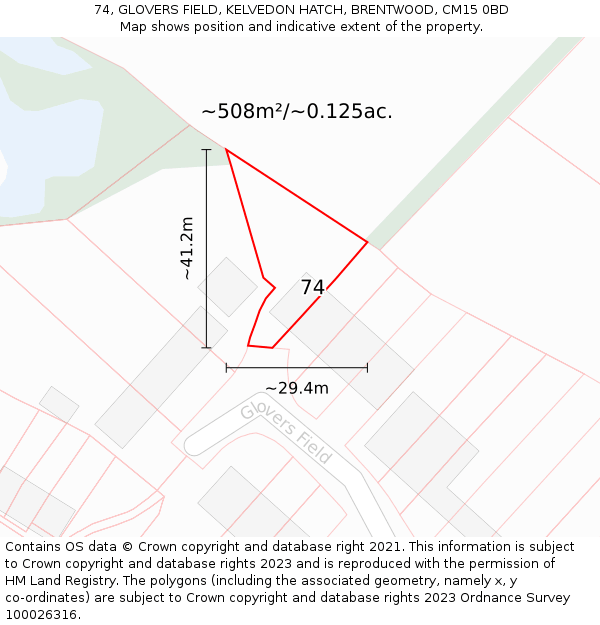 74, GLOVERS FIELD, KELVEDON HATCH, BRENTWOOD, CM15 0BD: Plot and title map