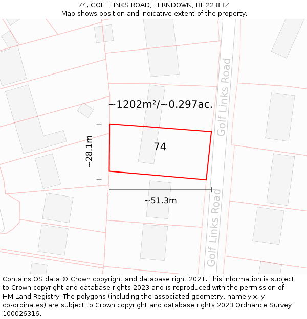 74, GOLF LINKS ROAD, FERNDOWN, BH22 8BZ: Plot and title map