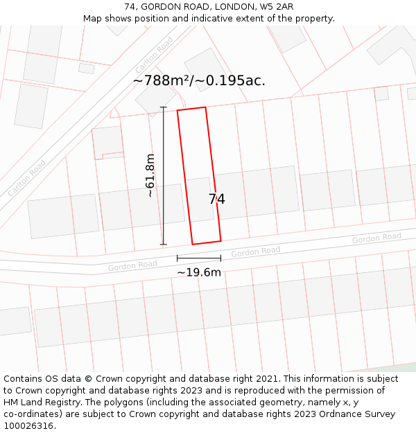 74, GORDON ROAD, LONDON, W5 2AR: Plot and title map