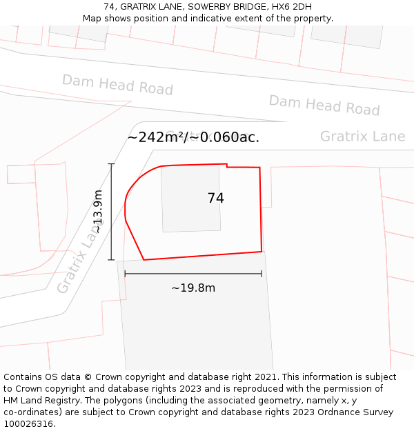 74, GRATRIX LANE, SOWERBY BRIDGE, HX6 2DH: Plot and title map