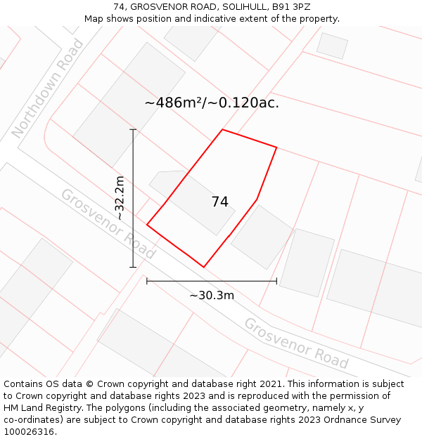 74, GROSVENOR ROAD, SOLIHULL, B91 3PZ: Plot and title map